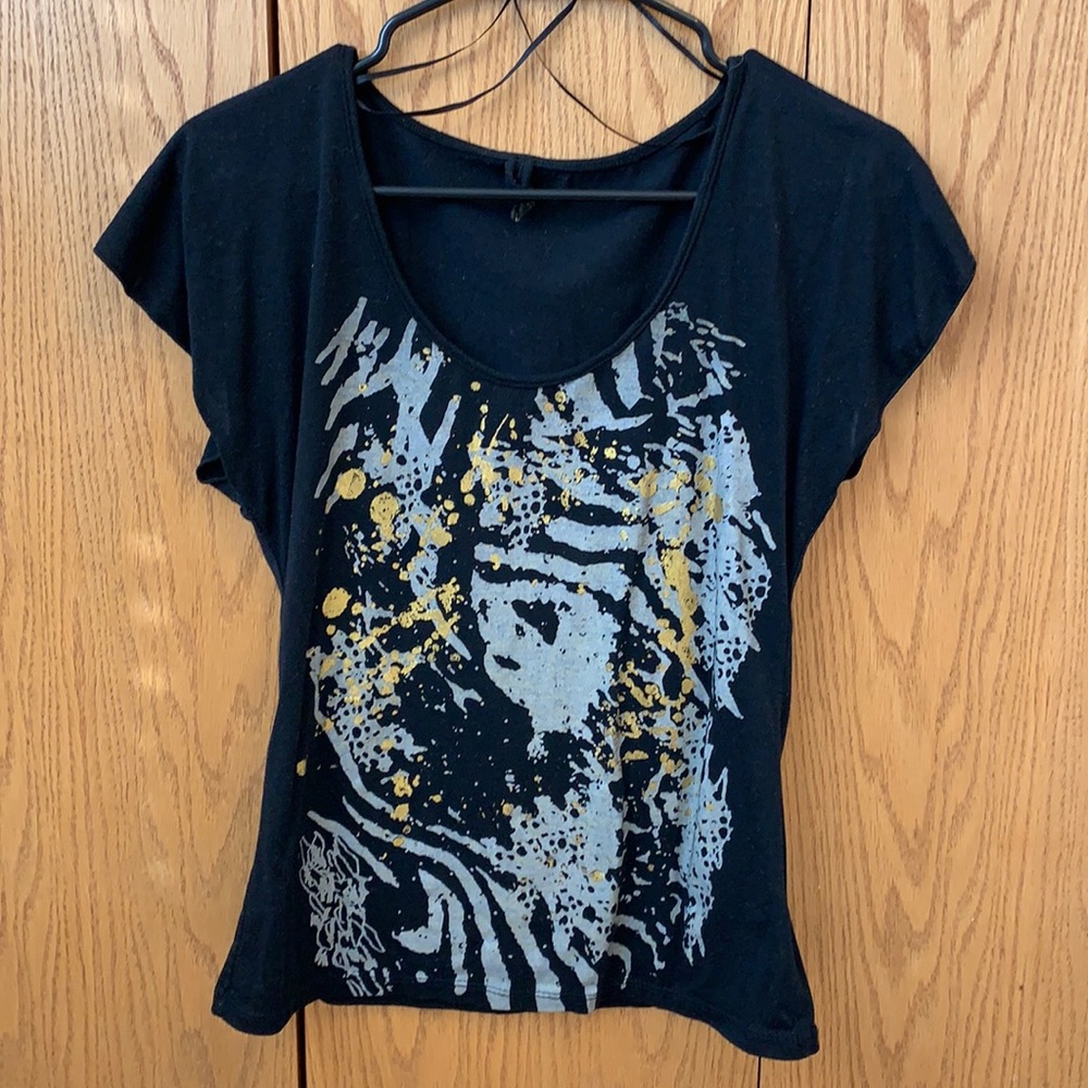 Black with gold and silver print shirt